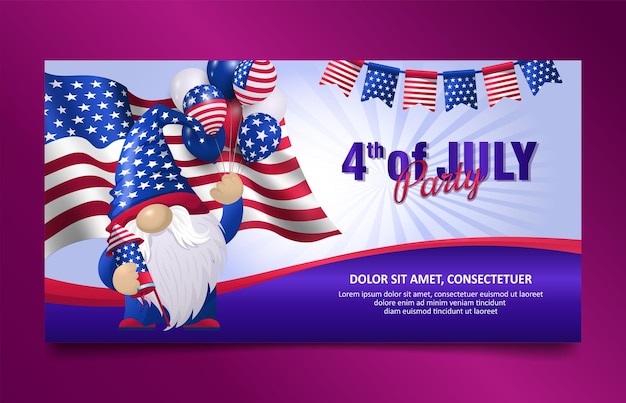 4th Of July USA American horizontal banner Gnome With american flag balloon vector background