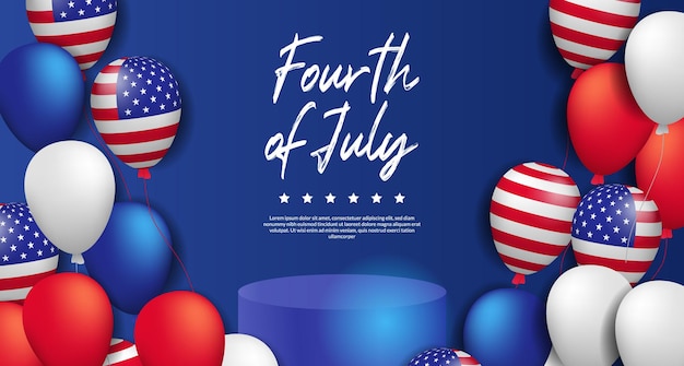 4th july of usa, american independence day ceremonial with podium product display and colorful balloon party celebration  banner template