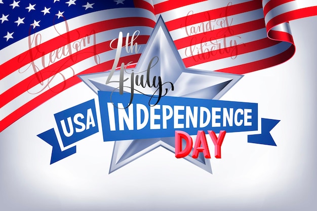 4th july USA independence day banner with american flag and hand lettering greeting