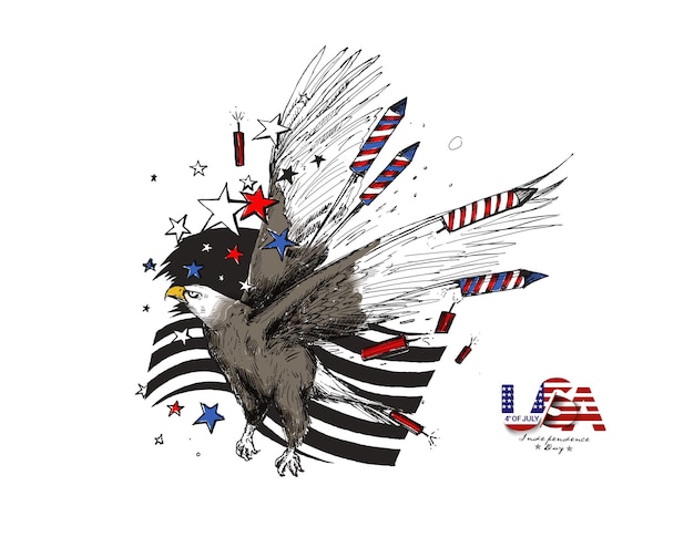 7月4日-イーグル独立記念日、手描きスケッチベクトルイラストとアメリカの国旗。
