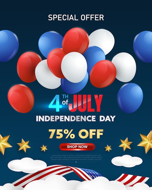 7月4日のお祝いポスター。赤、白、青の風船とギフトボックスの独立記念日米国販売促進バナーテンプレート。