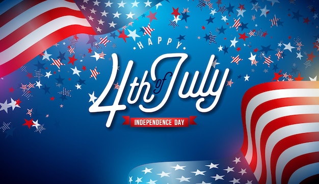 7월 4일 미국 국기와 활판 인쇄 문자가 있는 미국 벡터 일러스트의 독립 기념일