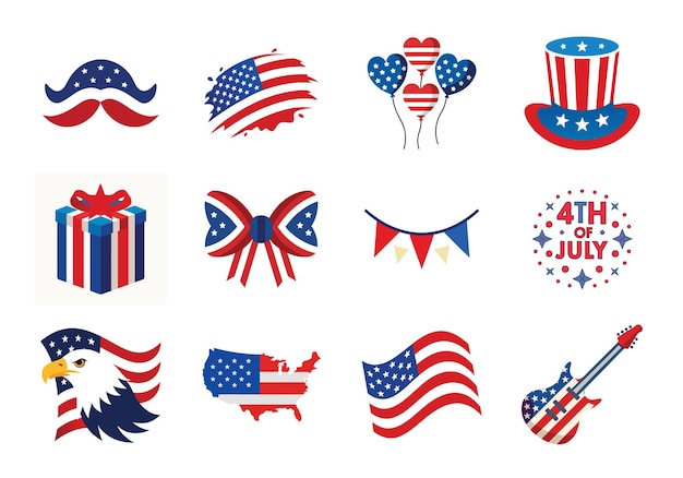 4th of July vector elements set Collection of American Independence Day vector illustration op whit