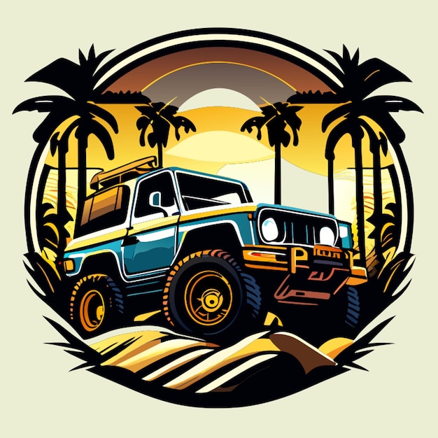 Vector 4x4 offroad tshirt design logo classic detail vector 4k jeep palm trees vector illustration