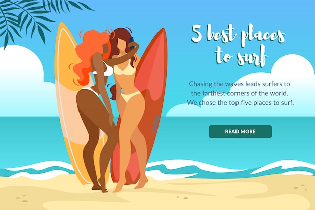 5 beste plaatsen om te surfen op horizontale banner met sexy meisjes in bikini poseren