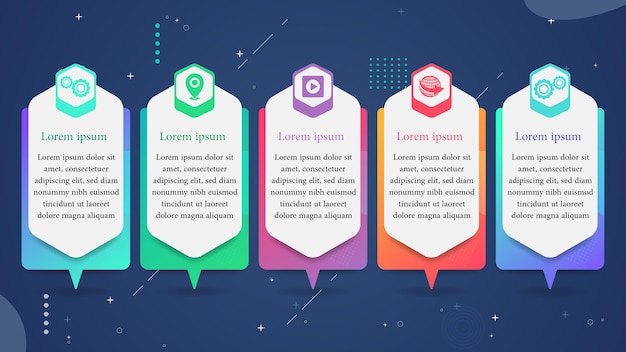 5 cheerful colored flat banners infographic with icons and dark background