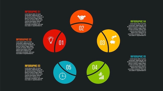 5 cirkels voor cyclische infographics Donkere creatieve illustratie voor presentatie