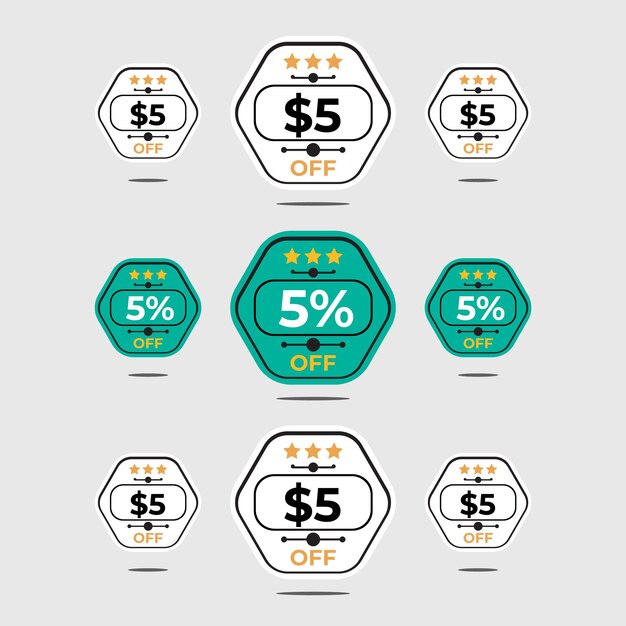 Modello di progettazione di etichette per offerte di sconto da 5 dollari.