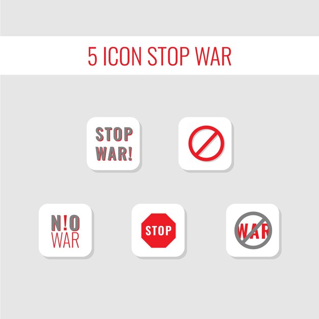 5개의 아이콘은 빨간색과 회색 색상으로 전쟁을 중지합니다.