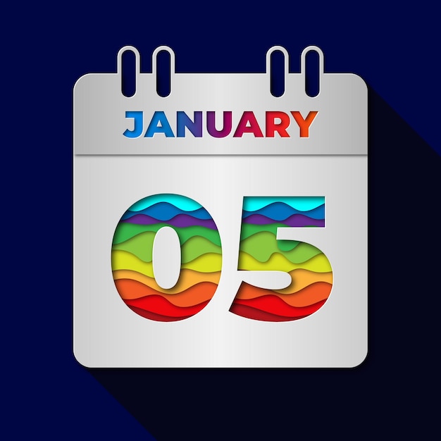 Vector 5 januari datum kalender plat minimale papier snit kunst stijl ontwerp illustratie