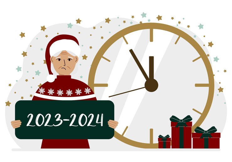 वेक्टर 5 minutes for the new year a woman holds a poster with the text 20232024 vector flat illustration