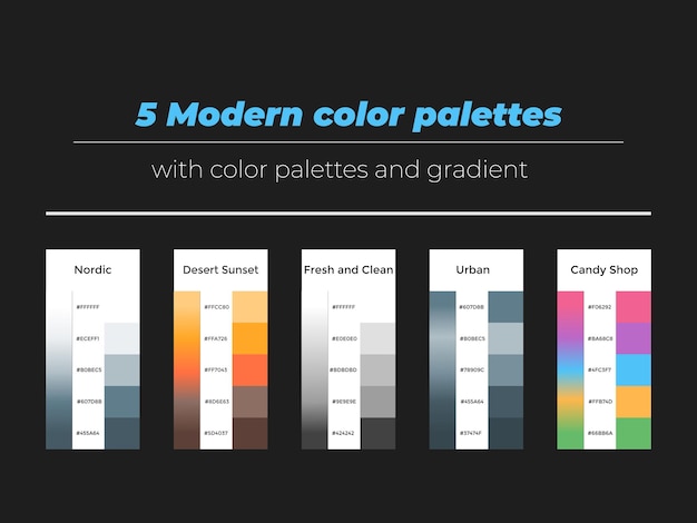 Vettore 5 tavolozze di colori moderni con colore e sfumatura isolati su sfondo nero