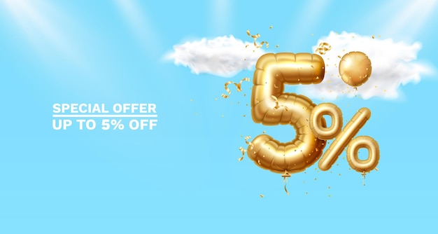 5 Off Discount creative composition 3d Golden sale symbol with decorative objects golden confetti