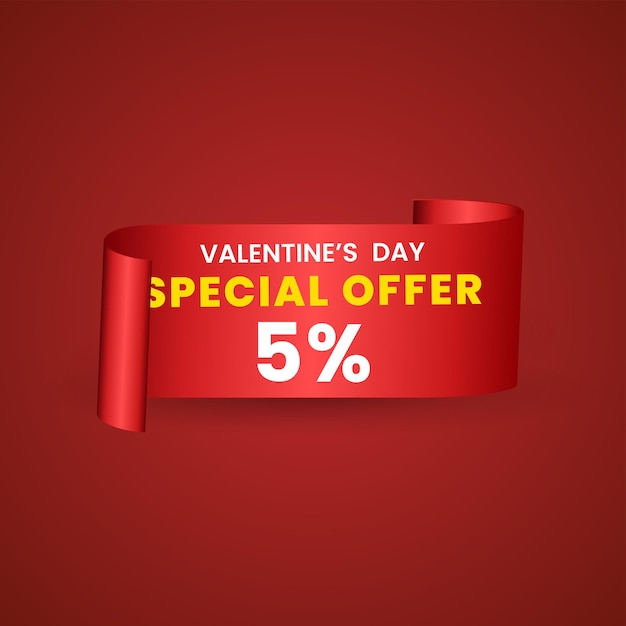 5 percent red elegant template of sale banner for Valentine Day with a scroll realistic red ribbon