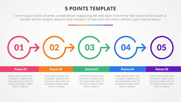 5 points stage template infographic concept for slide presentation with big circle outline right direction with 5 point list with flat style vector