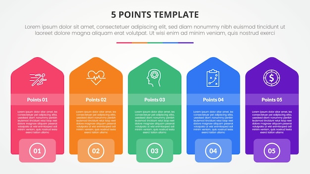 5 points stage template infographic concept for slide presentation with rectangle box with vertical arrow shape with 5 point list with flat style vector