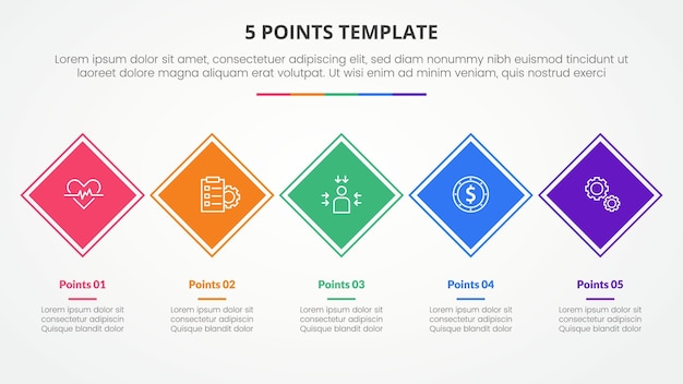 5 points stage template infographic concept for slide presentation with rotated square diamond shape on horizontal line with 5 point list with flat style vector