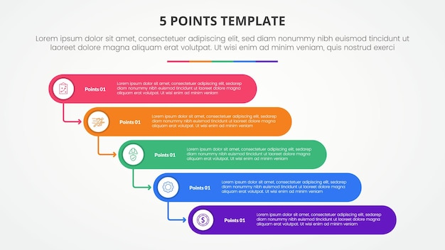 Vettore modello di infografica a 5 punti per la presentazione di diapositive con stile a cascata in pila rettangolare rotondo con lista a 5 punti con vettore a stile piatto