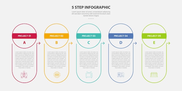 5ポイントインフォグラフィック スタイル ステージ またはステップ テンプレート 垂直ボックス コンテナ スライド プレゼンテーションのためのサークルヘッダー