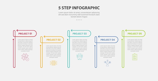 슬라이드 프레젠테이션을 위해 위와 아래 화살표 헤더를 가진 오픈 테이블을 가진 5 포인트 단계 인포그래픽 트 라인 스타일
