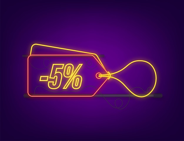 5 procent KORTING Verkoop Korting neon tag. Korting aanbieding prijskaartje. 10 procent korting promotie platte icoon met lange schaduw. Vector illustratie.