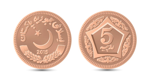 5 Rupee coin of Pakistan, back and front side isolated on white background.