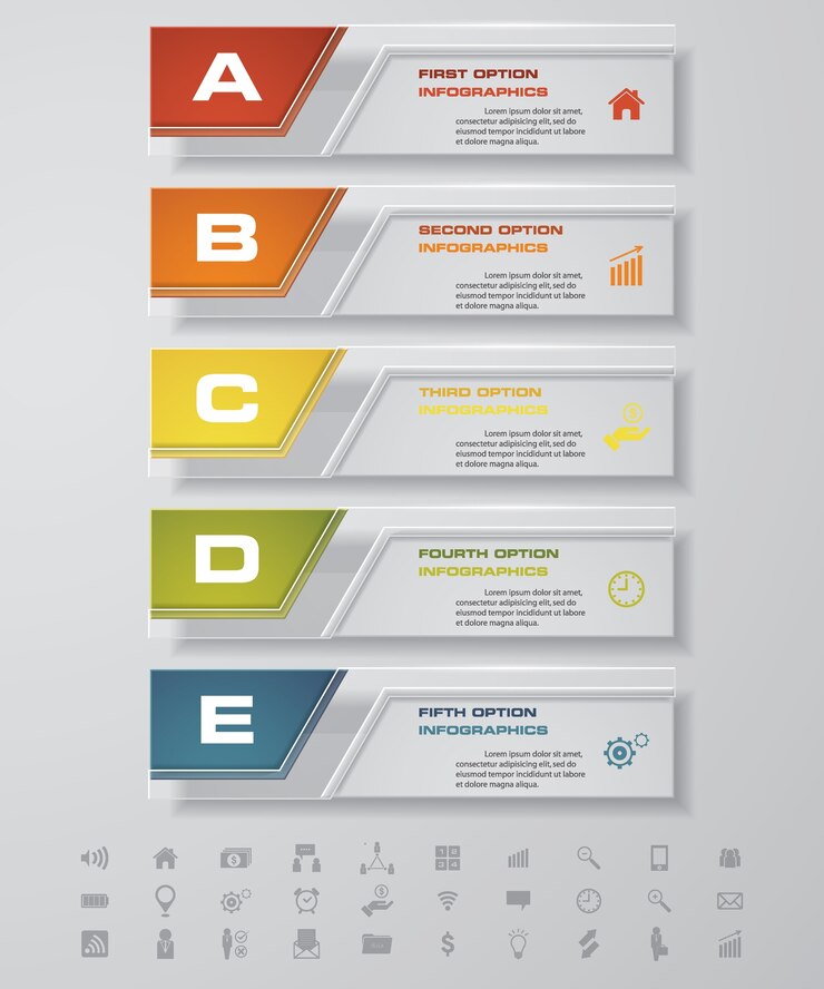 Vector 5 stappen infographics elementgrafiek voor presentatie.