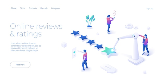 ソーシャルメディアにおける5つ星の正のフィードバック。マーケティングサービスとしての顧客調査。現代の等角投影ベクトルイラストデザイン。 webサイトのwebバナーレイアウトテンプレート。