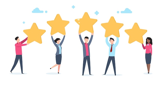 5 star rating Platte mensen met vijf gouden sterren Social media product review mannen en vrouwen stemmen online klantbeoordeling kwaliteit en feedback vector concept geïsoleerd op witte achtergrond