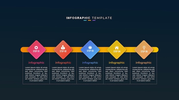 暗い背景に 5 つのステップ タイムライン ビジネス インフォ グラフィック要素と創造的なプレゼンテーション デザイン