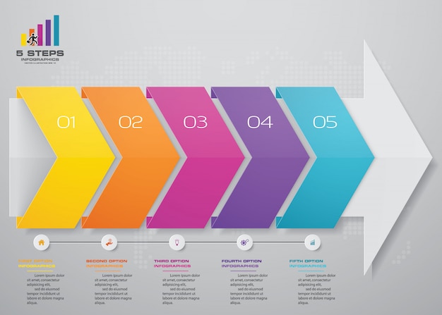 プレゼンテーションのための5ステップ矢印infographics要素図。