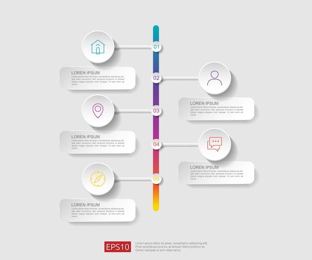 Modello di progettazione del diagramma di flusso infographic di 5 punti