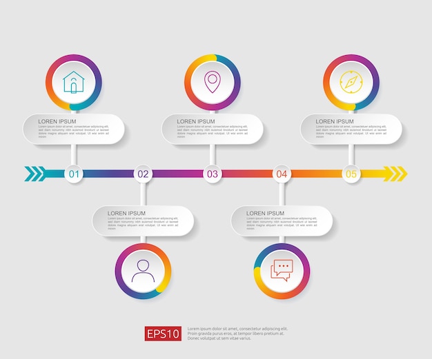 Modello di progettazione del diagramma di flusso infographic di 5 punti