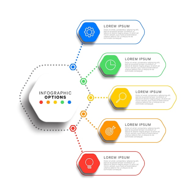 5 steps infographic template with realistic hexagonal elements on white background business process