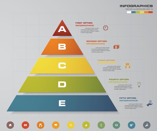 Elemento infografica piramide 5 passaggi per la presentazione dei dati.