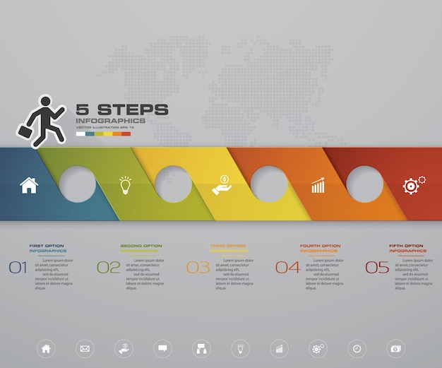 Vettore elemento infografica timeline di 5 passaggi per la presentazione.