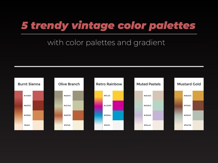 Vector 5 trendy vintage color palettes with color and gradient isolated on black background