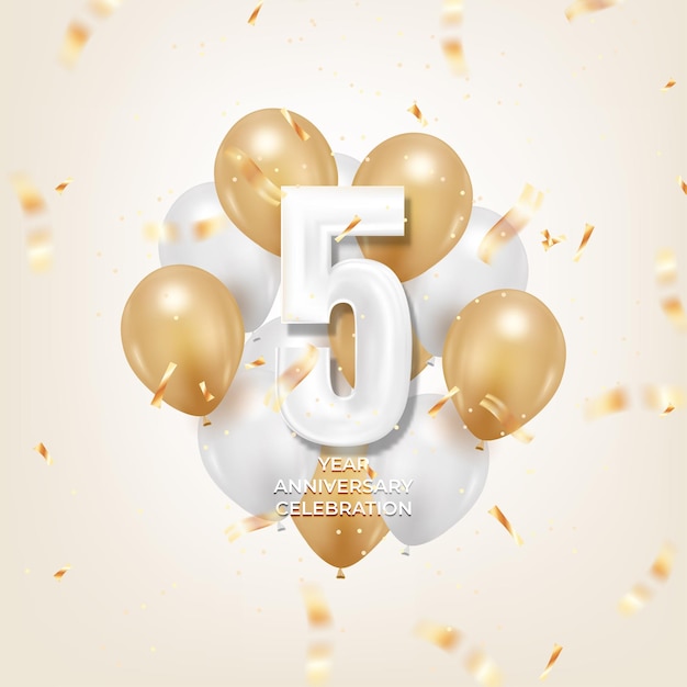 5 year anniversary greeting card design with realistic balloon confetti