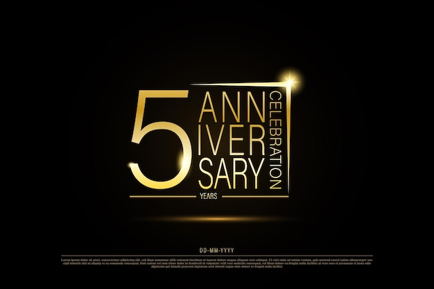 5 anni anniversario logo in oro dorato su sfondo nero, disegno vettoriale per la celebrazione.