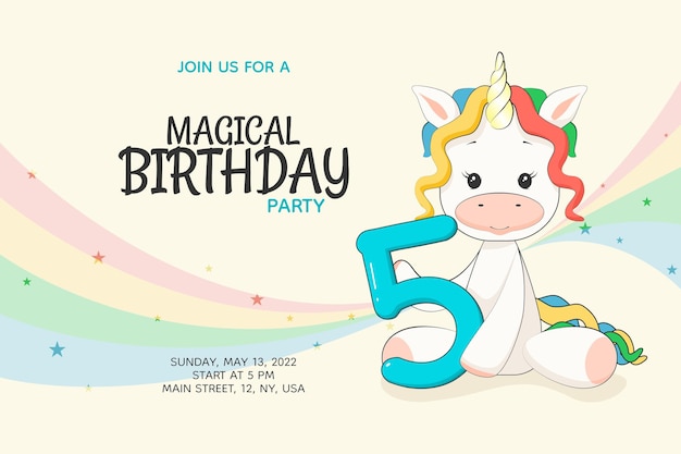 Invito per una festa di compleanno magica per bambini di 5 anni con un simpatico unicorno arcobaleno
