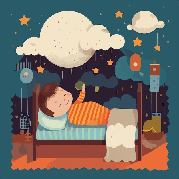 5 years old boy is dreaming during his sleeps over clouds