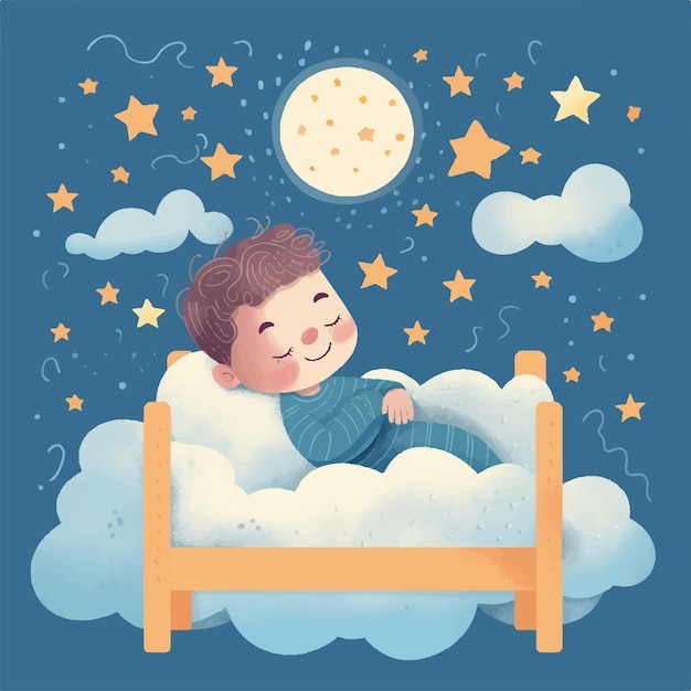 5 歳の男の子が雲の上で睡眠中に夢を見ています。