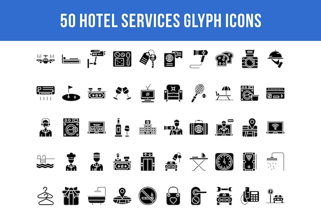 50 Glyph-pictogrammen voor hoteldiensten