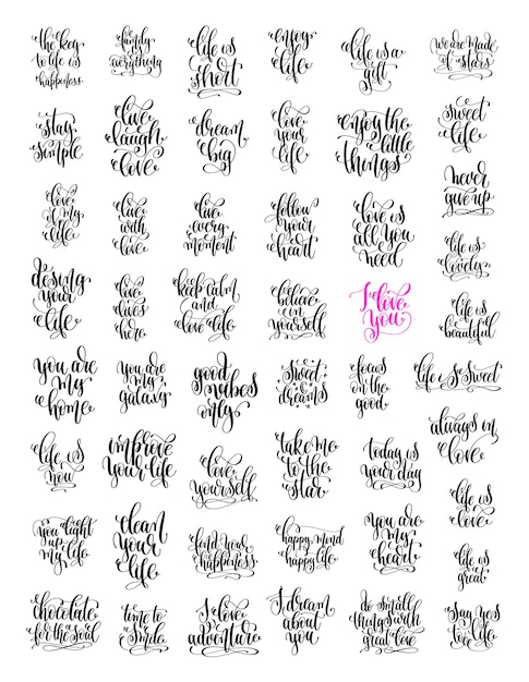 Vector 50 hand lettering love and life positive quotes, motivational and inspirational calligraphy vector illustration collection
