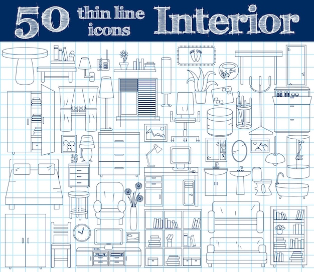 50 icons for interior thin line set in blue colors on notebook vector illustration