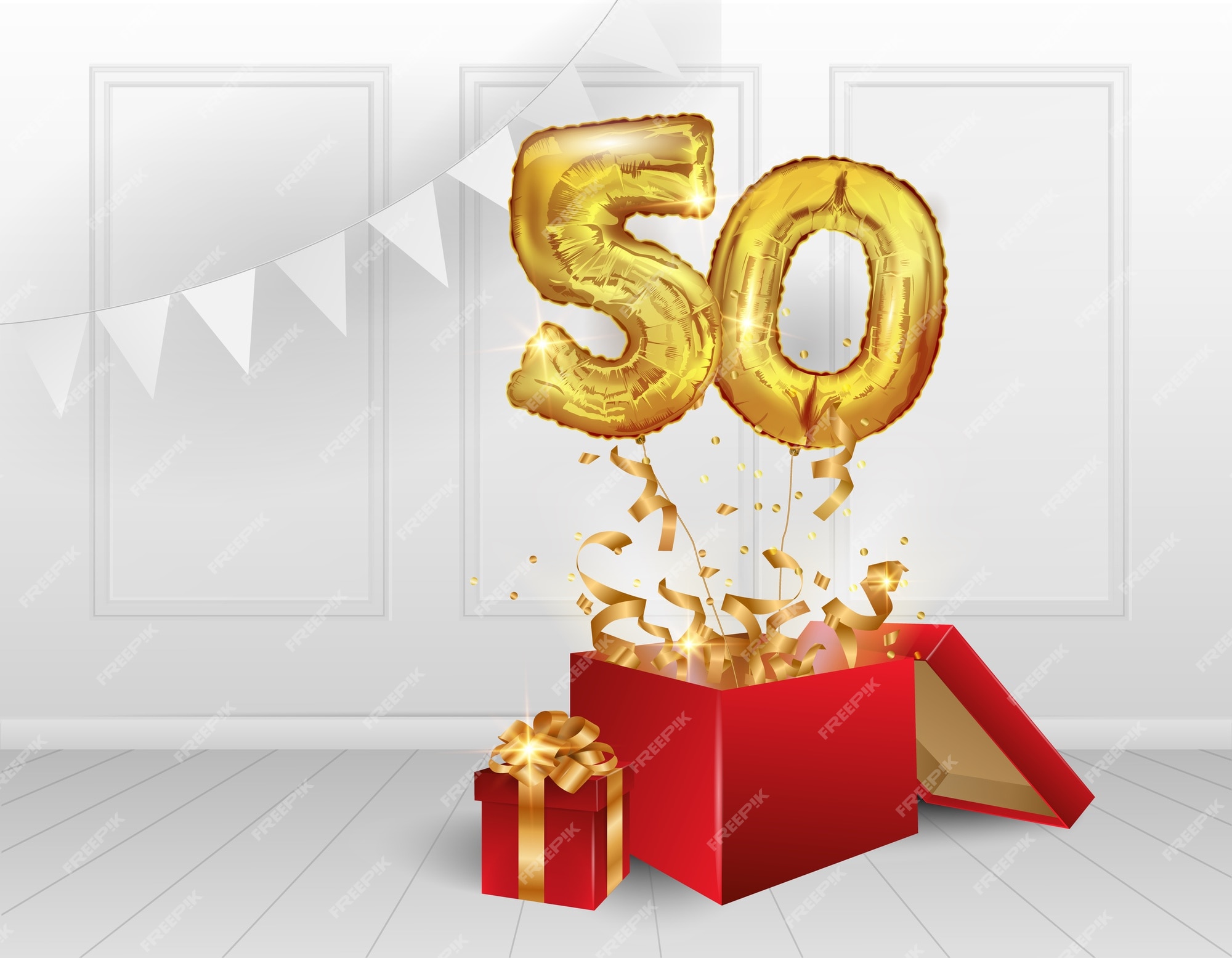 Te Kind visueel 50 jaar gouden ballonnen. de viering van het jubileum. ballonnen met  sprankelende confetti vliegen uit de doos, nummer 50. | Premium Vector