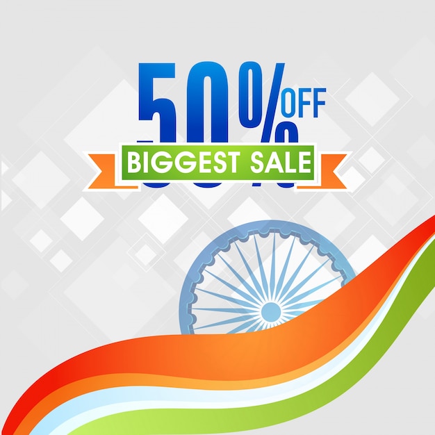 50% off, biggest sale offer. indian tricolors background with ashoka wheel.