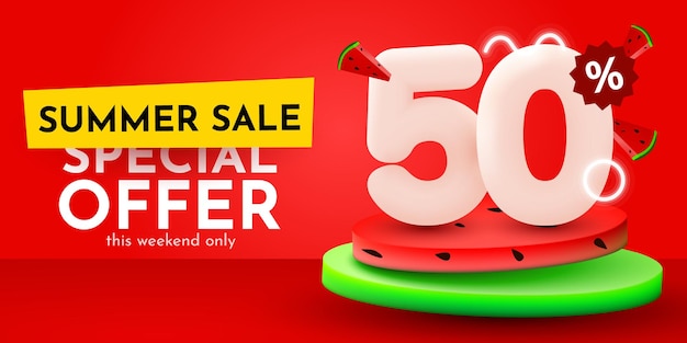 50 per cento di sconto sulla composizione creativa banner di vendita estiva con anguria banner e poster di vendita