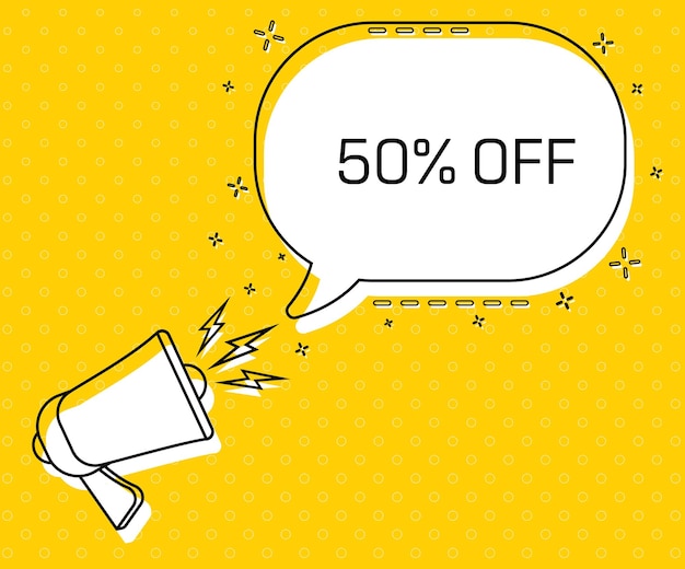 50 percent off Megaphone and colorful yellow speech bubble