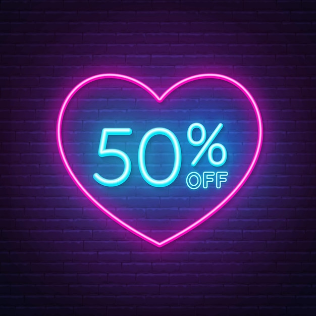 Vettore 50 percento di sconto al neon in un'illustrazione di sfondo cornice a forma di cuore